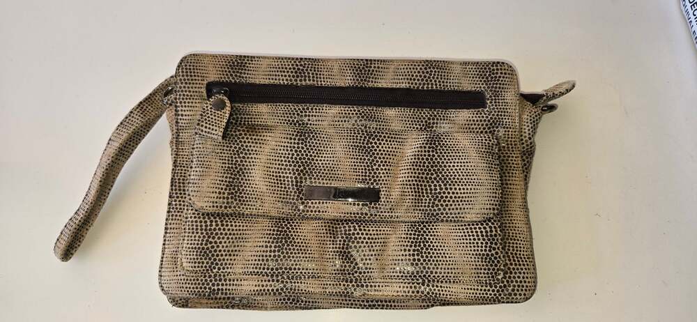Tan Gray Lizard Embossed Print Wristlet Clutch Zip Bag Women's Small Purse Strap